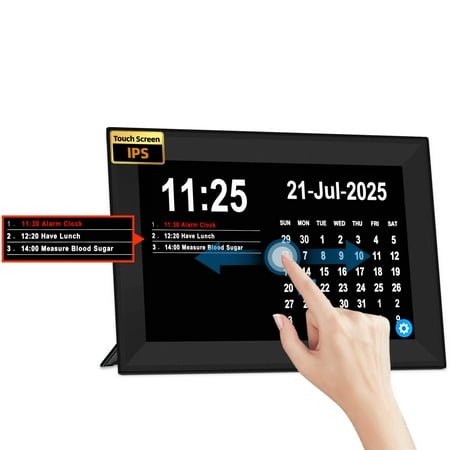 Jazeyeah 10.1 Easy to Use Touch Screen Alarm Clock for Seniors,Digtal Calendar with Day and Date of Week,64 Alarm 40 Reminders,Large Display, Auto DST,Black