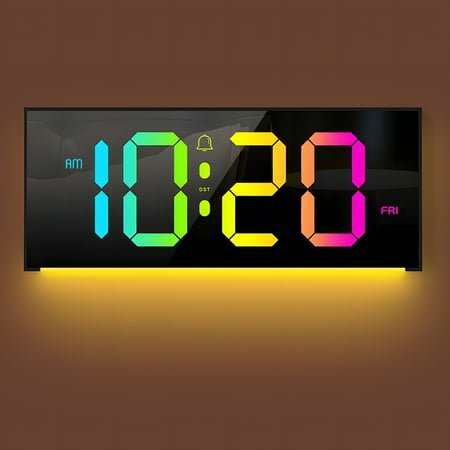 JoFomp 12-Inch LED Digital Wall Clock with 13 RGB Color Modes, 14 RGB Ambient Light, Dual Time & Date Display, Alarm, Remote Control, Night Mode, 5-Level Brightness, Power-Off Memory