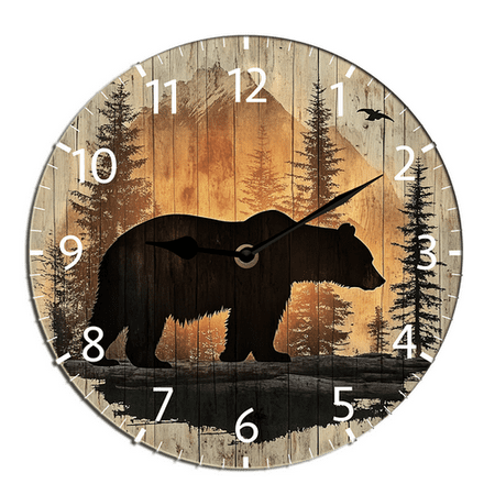 Kurmntregon Cabin Bear Wall Clock Forest Wildlife Mountain Lodge Kitchen Living Room Silent Non-Ticking Decorative Clock Battery Operated Bedroom Home Decorative Round 10