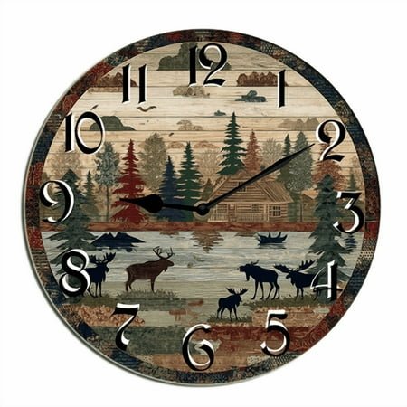 Kurmntregon Cabin Bear Wall Clock Forest Wildlife Mountain Lodge Wooden For Kitchen Bathroom Silent Non Ticking Decorative Clock Battery Operated Home Office Living Room Decor Round 10