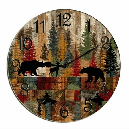 Kurmntregon Cabin Bear Wall Clock Forest Wildlife Mountain Lodge Wooden For Kitchen Bathroom Silent Non Ticking Decorative Clock Battery Operated Home Office Living Room Decor Round 10
