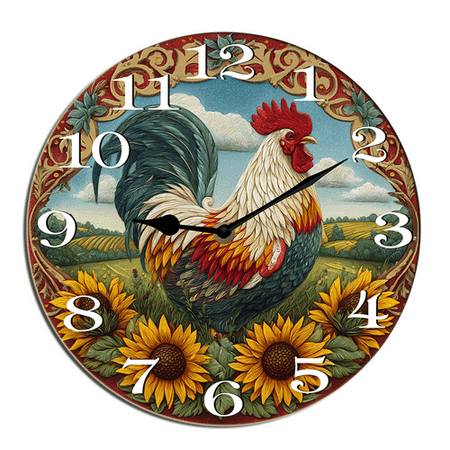 Kurmntregon Farmhouse Rooster Wall Clock Chicken Kitchen Wooden Decorative Wooden Battery Operated Quartz Silent Hanging Clock For Bedroom Living Room Kitchen Coffee Bar Round 10