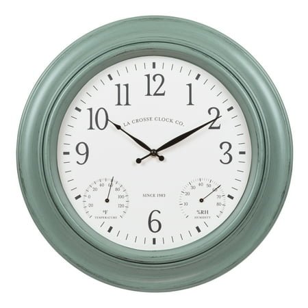 La Crosse Clock 18 Outdoor Sage Green Analog Quartz Wall Clock w/ Temp & Humidity Scales, 433-3846