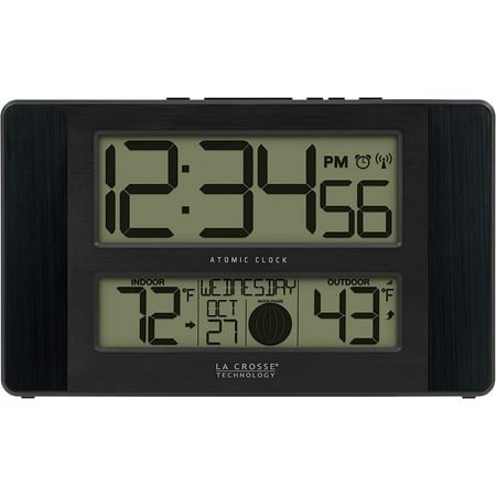 La Crosse Technology Atomic Digital Clock with Temperature and Moon Phase, Black, 513-1417BS