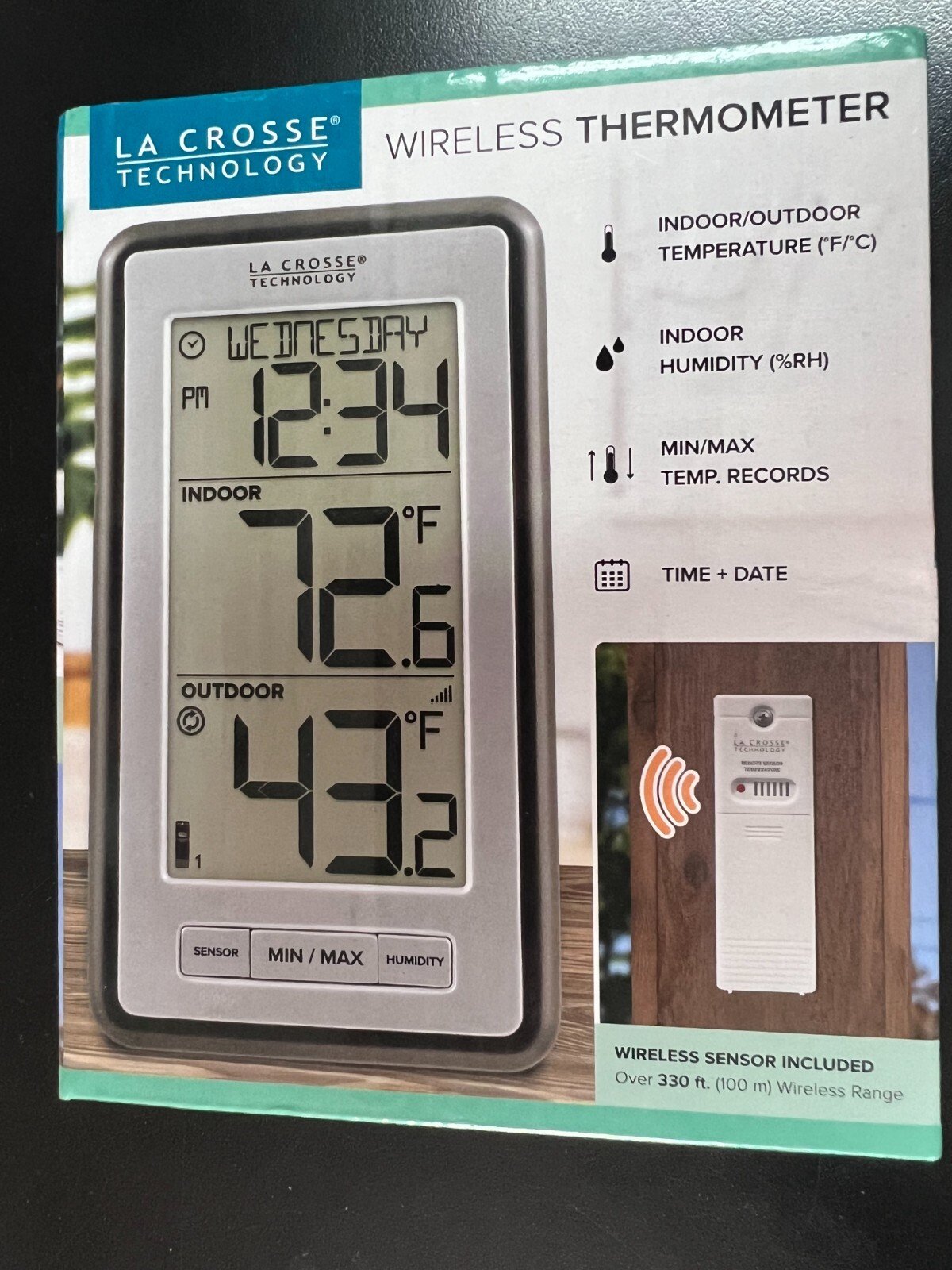 La Crosse Technology Thermometer Time Calendar Digital Display Wireless Sensor