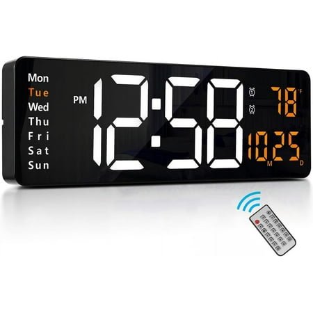Large Digital Wall Clock, 16.2 Inch LED Display Alarm Clock with Remote Control, 12/24Hr Format, Automatic Brightness Digital Wall Clocks with Temperature Date Week for Living Room Decor