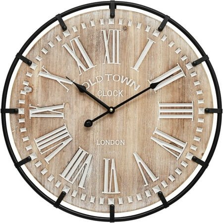 Large Farmhouse Wall Clock, 24 Inch Rustic Wooden Wall Clock Decorative with Metal Circle and Engraved Numerals, Silent Battery Operated for Kitchen Bedroom Living Room Fireplace Mantel