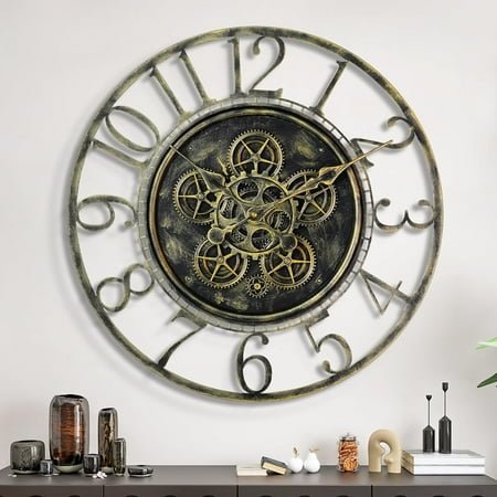 **large moving gear wall clock for living room decor,vintage industrial steampunk,metal wall clock decorative for home office, dinning room,farmhouse(antique brass,arabic number,24 inch)