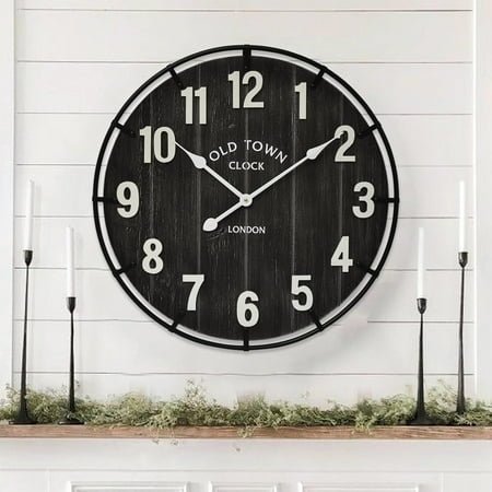 Large Old Town Farmhouse Wall Clock 24 Inch Rustic Antique Wood with Metal Circle and Large Numerals Silent Battery Operated Wall Clock for Office Kitchen Bedroom Living Room