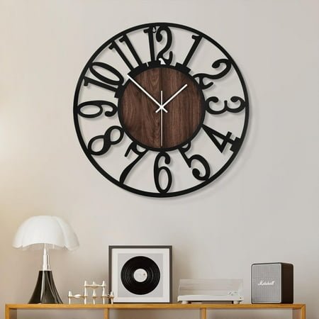 Large Wall Clock for Living Room Decor- 20 Decorative Antique Silent Non Ticking,Battery Operated,Black Metal,Wood Clocks for Farmhouse,Dining Room,Bedroom,Kitchen - Arabic Numerals