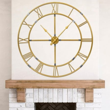 Large Wall Clock for Living Room Decor – 32 Inch Silent Non-Ticking Modern Farmhouse Wall Clock, Oversized Decorative Metal Roman Numeral Clock, Gold
