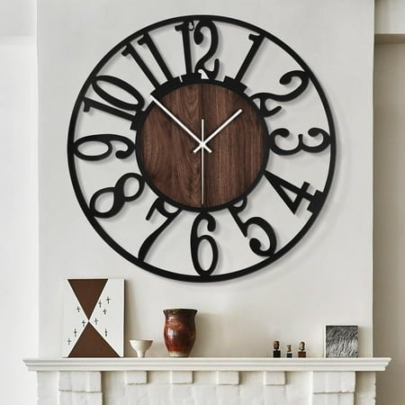 Large Wall Clocks for Living Room,Silent,Non Ticking,Battery Operated Oversized Vintage Round Modern Wood Wall Clock for Bedroom,Farmhouse,Office Home Decor-24 Inch(Black-Arabic Number)