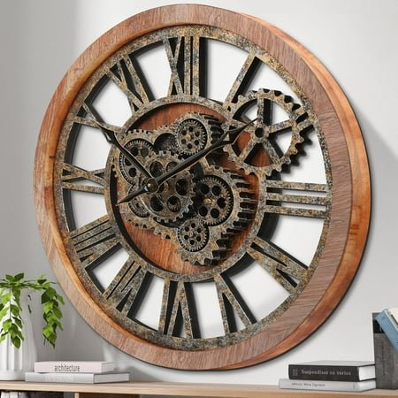 **large wall clock, wall clocks for living room decor 20 inch farmhouse vintage rustic kitchen wall decor vintage roman oversized wall clock for home bedroom house, moving gears clock