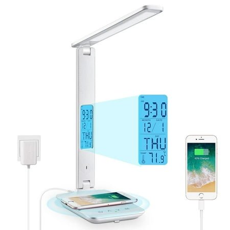 LED Desk Lamp with Wireless Charger, USB Charging Port, Adjustable Foldable Table Lamp with Clock, Alarm, Date, Temperature, 5-Level Dimmable Lighting, Office Lamp with Adapter