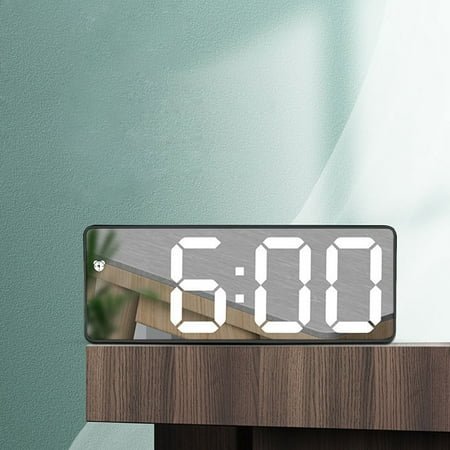 LED Digital Alarm Clock with Temperature Display - Auto Dimming Mirror Clock, Voice Control & USB/Battery Powered, for Bedroom/Office (6.3in, Black)
