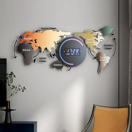 LED World Map Wall Clock, Large Modern Acrylic Digital Clock for Home