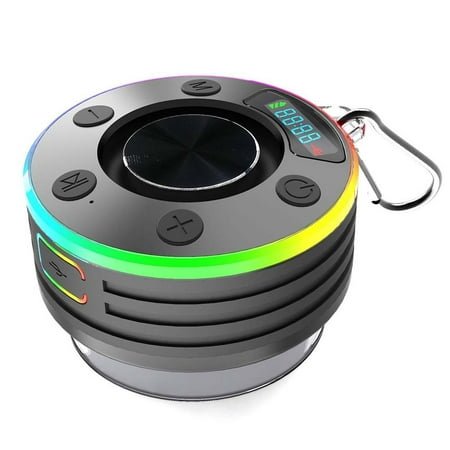 linyes Bluetooth Shower Radio Speaker with Suction Cup IPX7 Waterproof FM Radio Clock LED Display Portable Wireless Speaker for Bathroom Pool Black