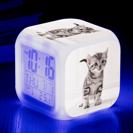 LISACANN Digital Alarm Clock for Kids, Cartoon Cat Pattern 7 LED Color Changing Wake Up Clock with Thermometer Function and Night Light, Gift for Boys Girls A93-1440 QQ610-1358