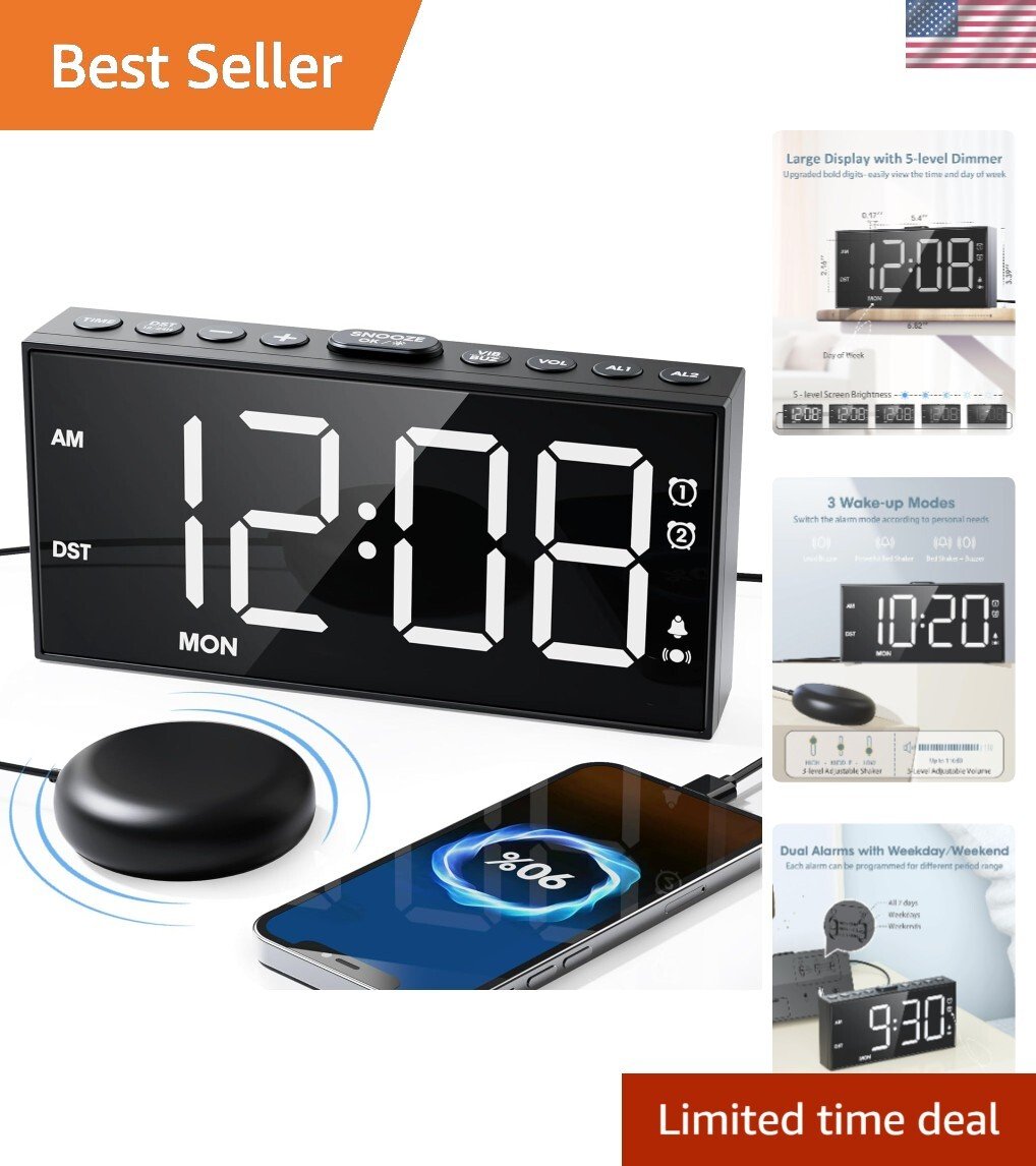 Loud Alarm Clock for Hard of Hearing with Adjustable Vibration & Battery Backup
