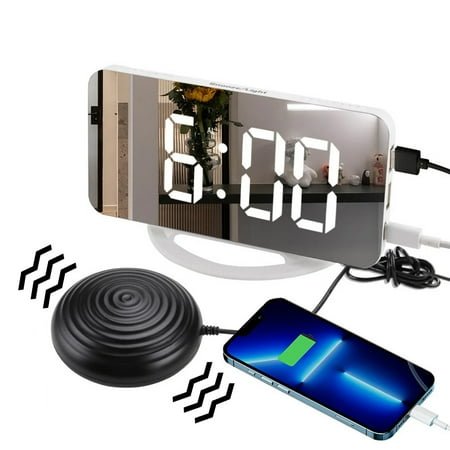 Loud Digital Alarm Clock for Heavy Sleepers Adults with Bed Shaker,2 USB Charger, 8.7'' Large LED Digital Mirror Alarm Clock, Snooze, Alarm, Clock for Bedroom