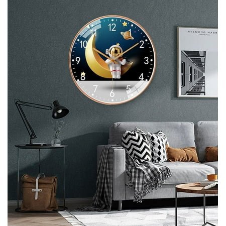 LSLJS Wall Clock, 8 inch Astronaut Moon Pattern Decorative Clock, Non-Ticking Silent Battery Operated Round Wall Clock Modern Style Hanging Clock for Home Office School Kitchen Bedroom Living Room