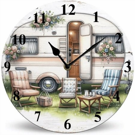 Lucidhisun Camping Car Decoration Battery Operated Round Wood Silent Non Ticking Kitchen Wall Clock 10in, Unique/Funny Gift Camper Wall Clock for Kitchen Living Room Bedroom Bathroom