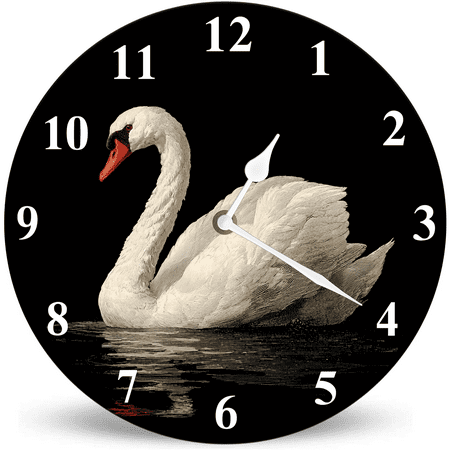Lucidhisun Classical Swan Wall Clocks, Battery Operated Round Wood Silent Non Ticking Wall Clock 10in, Unique/Funny Gift Wall Clock for Office Room, Living Room, Bedroom or Kitchen
