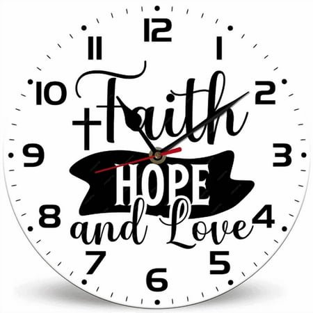 Lucidhisun Faith Hope And Love Wall Clock 10in, Round Wood Silent Non-Ticking Wall Clocks for Home Kitchen Decor, Holy Jesus God Wall Clock for Bedroom Living Room Office