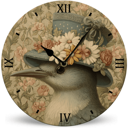 Lucidhisun Vintage Bird Wearing Top Hat Living Room Clocks Wall Battery Operated - 10in Unique/Funny Summer Gift Wall Clock for Living Room, Kitchen, Bathroom, Bedroom, Office or School