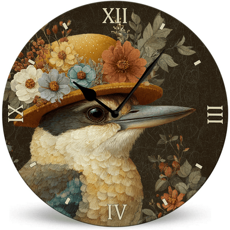 Lucidhisun Vintage Retro Bird Kitchen Clocks Wall Battery Operated - 10in Round Flower Bird Wall Clock Silent Non-Ticking for Living Room, Kitchen, Bathroom, Bedroom, Office or School