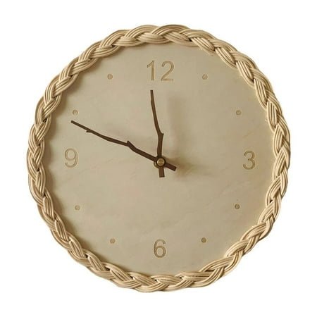 Mauxuk Handmade Wooden Silent Wall Clock, Rattan Weaving Round Clock, Noiseless Battery Operated Wall Clock for Home Decor, Living Room, Bedroom, 10.63 Inch Beige