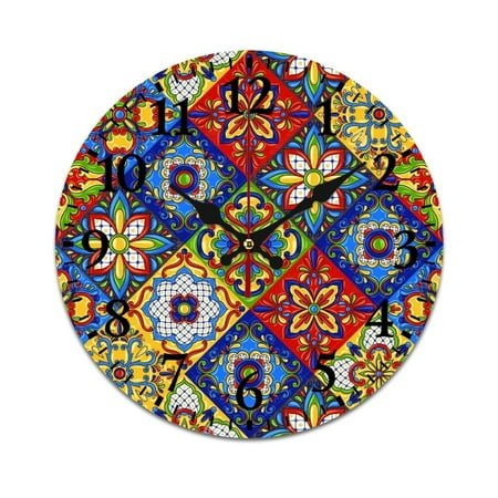 Mexican Talavera Ceramic Tile Pattern Wall Clock Modern Design Clocks Wall Hanging Home Office School Clocks Round PVC Wall Clocks