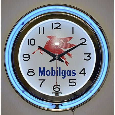 Mobilgas Blue Double Neon Advertising Clock Man Cave Garage Decor