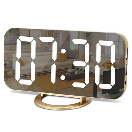 Modern Digital Alarm Clock with LED Display - Dual USB Charger Ports, Bedside Clock for Home, Office & Bedroom - Sleek Gold Design.