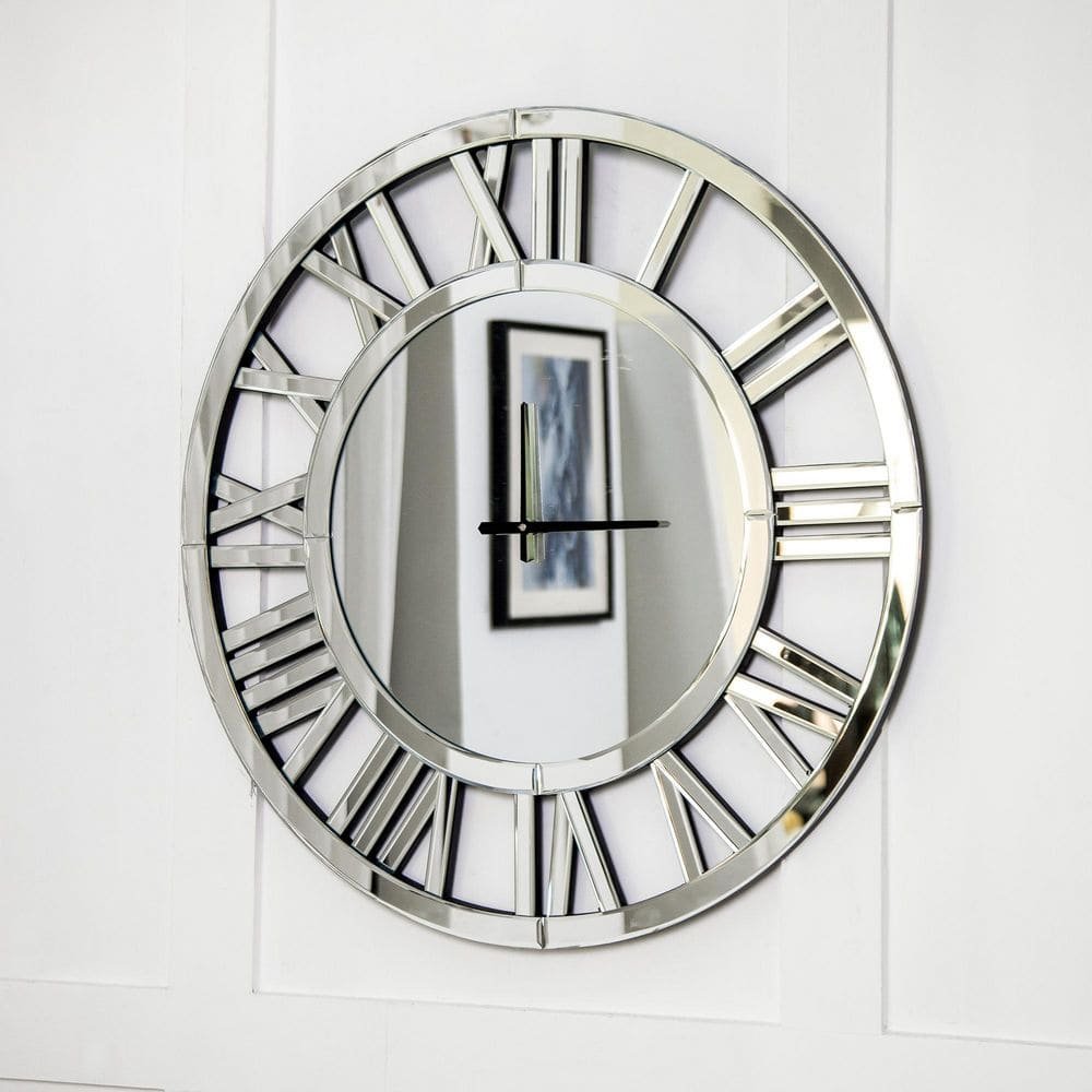 Modern Elegance Silver Roman Numeral Wall Clock - Mirror Finish Open Framework,...