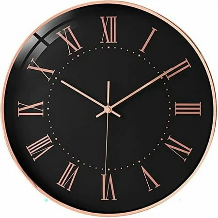 Modern Minimalist Rose Gold on Black Silent Wall Clock with Glass Top (Roman Numeral Dial)
