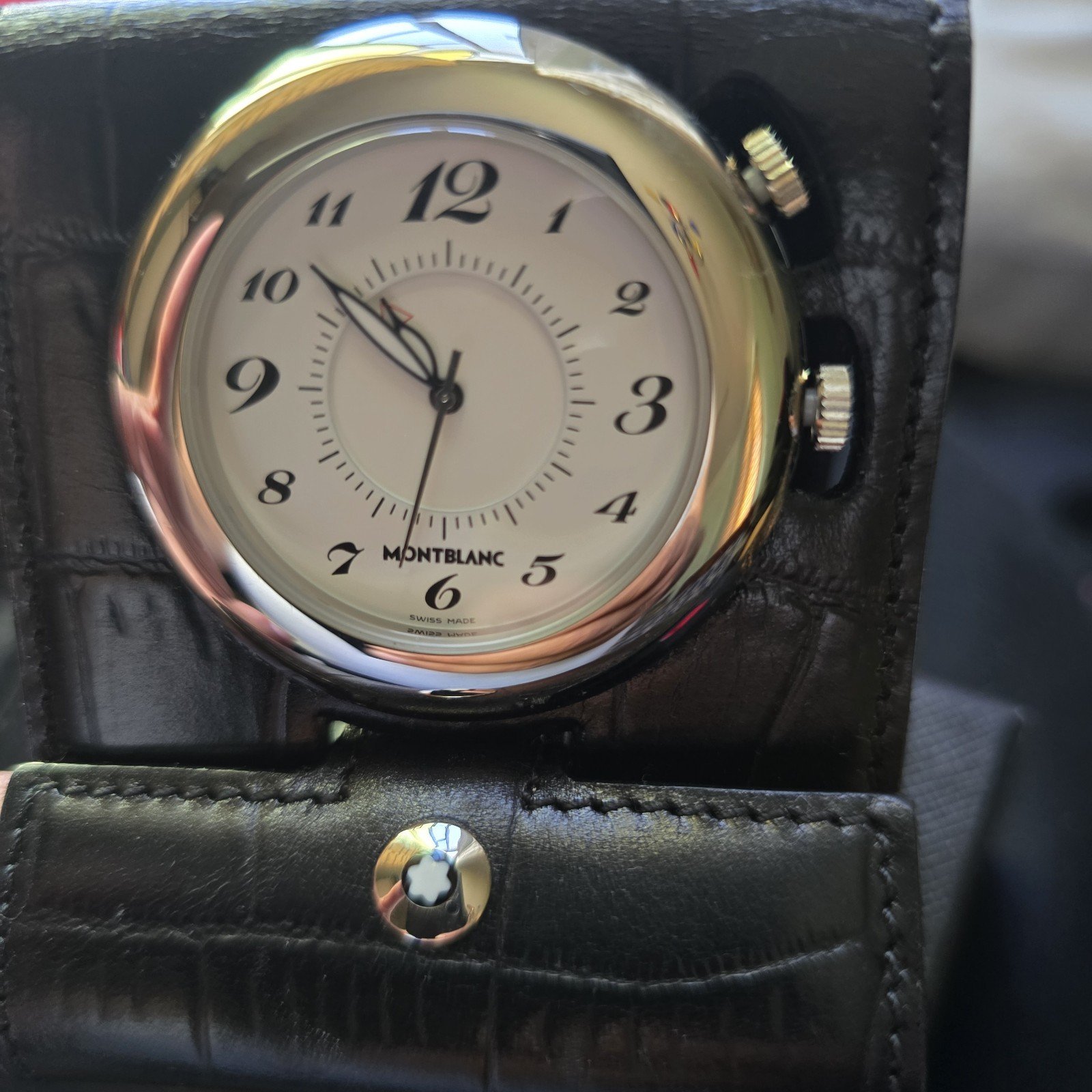 Montblanc Travel Alarm,Office Clock 7056 w Black Leather case/Box original swiss