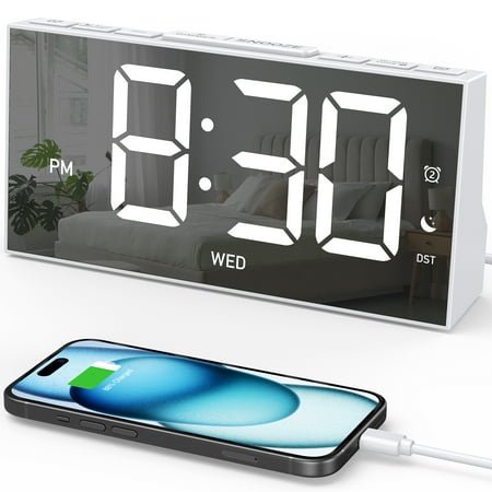 Mpow Alarm Clock for Heavy Sleepers, Mirror-finish, Digital Alarm Clock for Bedroom, Adjustable Brightness, Customizable Alarms, Automatically Dim at Night, Progressive Volume, DST