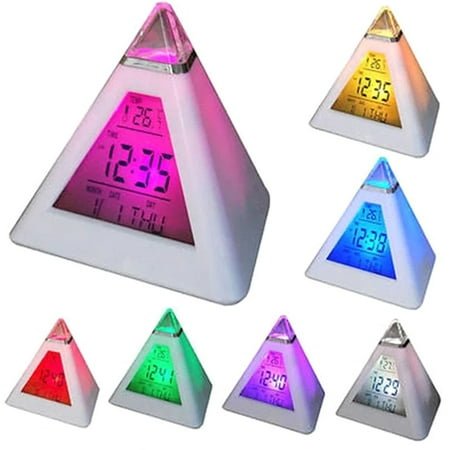 MTFun 7 LED Color Changing Pyramid Digital Alarm Clock Battery Powered Night Light Desk Clock with Music & Snooze Mode for Bedroom Office
