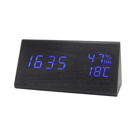 Multifunctional Silent Wooden Alarm Clock, 6.9 Dark Wood Blue Font Digital Clocks, Creative LED Wooden Clocks Cute Digital Clocks Modern Alarm Clock, Wood Alarm Clock for Bedrooms Living Room