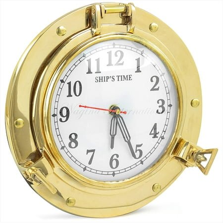 Nagina International 9 Antique Brass Finished Premium Nautical Wall Decor Vintage Time's Clock | Pirate's Porthole Decorative Clock (Quart'z Roman Dial)