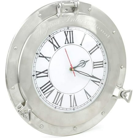 Nagina International Brushed Nickel Aluminum Metal Roman Porthole Clock | Nautical Navy Decor Gifts (20 Inches)