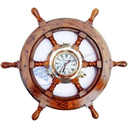 Nautical Elegance: 24-Inch Wooden Ship Wheel with Mounted Solid Brass Polished Jhanjhat Porthole Clock (White Roman Dial).
