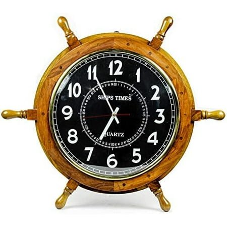 Nautical Moon Light Blue Large Wooden Ship Wheel with Ship's Time Captain's Clock - Pirate Home Decorative Clock (16 Inches, Black Dial Face)