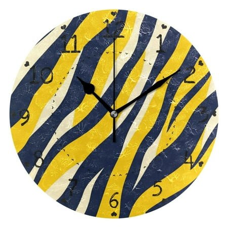 Navy Blue Yellow Zabra Skin Print Round Wall Clock Silent Analog Battery Operated Black Pointer Home Decor 9.84 Diameter