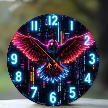 Neon Colorful Eagle Wall Clock with LED Light 10-Inch Silent Wooden Wall Clock, Battery Operated (AA Batteries Not Included), Artistic Home Decor