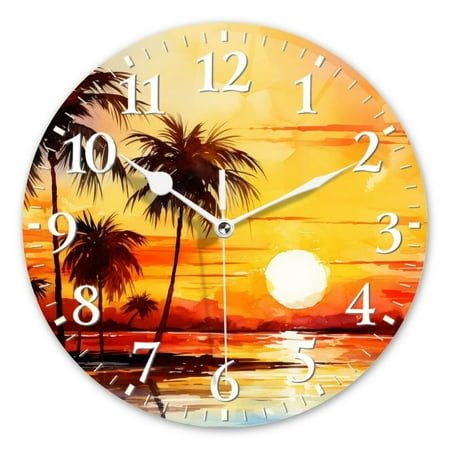 Non-Ticking Silent Wall Clocks Battery Operated Personalized Decor Clock for Bathroom,Office-Watercolor Sunset With Palm Trees On The Beach(10inch)