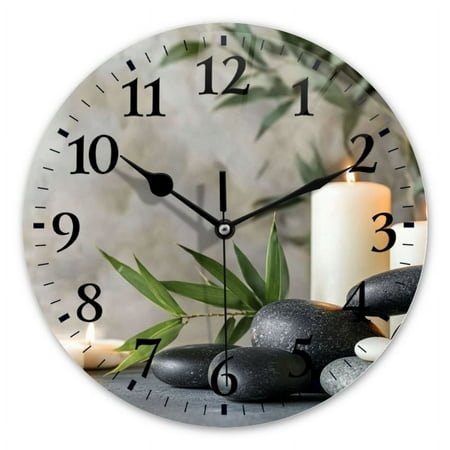 Non-Ticking Silent Wall Clocks Battery Operated Personalized Decor Clock for Bathroom,Office-Candles And Rocks On Table With Plant（10inch）