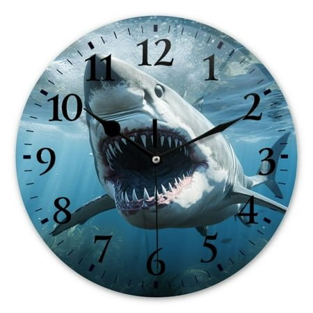 Non-Ticking Silent Wall Clocks Battery Operated Personalized Decor Clock for Bathroom,Office-Angry Great White Shark Underwater With Mouth Open And Sharp Teeth Showing（14inch）