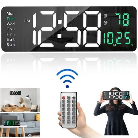 OhhGo Large Digital Wall Clock with Remote Control, 16.2 Inch LED Digital Clock for Home Living Room Decor, Automatic Brightness Dimmer with Date Week Temperature